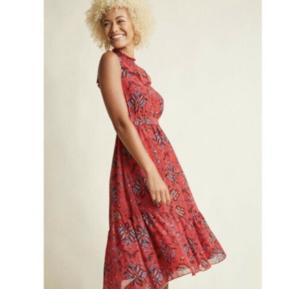 ModCloth High Neck Ruffle Sleeveless Floral Dress